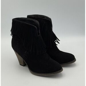 DailyShoes Black Suede Fringe Ankle Boots Western Boho Block Heel Women's 6